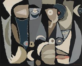 24
Oswaldo Guayasamin
(1919-1999, Ecuadorian)
Untitled (Faces)
Screenprint in colors on paper
Edition: 12/20
Signed and numbered in pencil (both nearly erased) in the lower margin: Guayasamin; with the artist's signature also printed in the image at lower right
Image: 23.25" H x 28.75" W; Sight: 27.25" H x 33" W
Estimate: $200 - $400