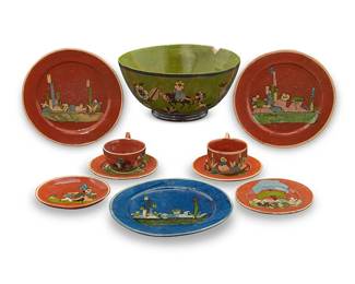 94
A group of Mexican Tlaquepaque pottery table items
Mid-20th century; Jalisco
Each impressed or marked to underside: Mexico
Comprising a large serving bowl, three medium plates, four side plates, and two handled cups
10 pieces
Bowl: 5" H x 10.625" Dia.; Smaller cup: 2.375" H; Larger plates: 8.75" Dia. approximately
Estimate: $300 - $500
