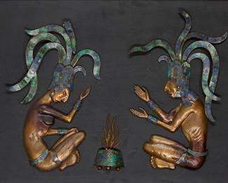 188
A Los Castillo Mayan/Aztec style metal and hardstone wall panel
Mid/late 20th century
Unmarked
The hand-wrought mixed metal figures depicted seated by a fire, with inlaid azurite-malachite accents, mounted to a painted wood backing
Image: 20.75" H x 28.5" W; Framed: 24.5" H x 36" W x 2.25" D
Estimate: $300 - $500