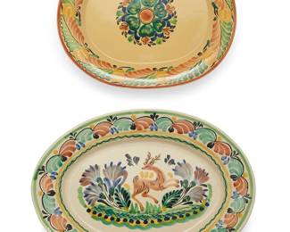 66
Gorky Gonzalez (1939-2017, Mexican)
Two pottery chargers, late 20th/early 21st century; Guanajuato, Mexico
Each marked to underside: AT [Alfarería Tradicional] / GTO / Mexico
Comprising one decorated with a deer and foliate motifs, the other decorated with floral and foliate motifs
2 pieces
Larger: 15.625" H x 21.375" W x 3" D; Smaller: 13.625" H x 17" W x 2.25" D
Estimate: $300 - $500