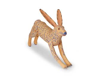 87
Attributed to Manuel Jimenez Ramirez (1919-2005, Mexican)
A carved wood alebrije rabbit, mid/late 20th century; San Antonio Arrazola, Oaxaca
Unsigned
Painted carved copal wood
10.75" H x 14.5" W x 5" D
Estimate: $400 - $600