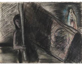 235
Jesus Toro Martinez
(b. 1966, American)
"Protest Girl," 1991
Charcoal on wove paper
Signed and dated in pencil lower left: J. Toro Martinez; titled in ink, possibly in another hand, on an artist's biography sheet affixed to the frame's backing paper
Image/Sheet: 11" H x 14.875" W
Estimate: $200 - $400