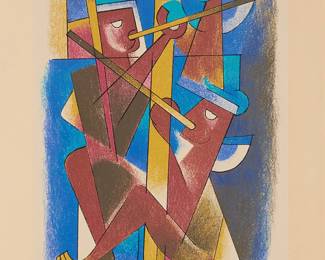 103
Carlos Mérida
(1891-1984, Guatemalan)
"Figures with Pipes," plate 9 from the series "Un Canto al Libro Sagrado," 1978
Screenprint in colors on wove paper
Edition: 34/50
Signed and numbered in pencil in the lower margin: Carlos Merida; signed again and dated 1978 in the image, lower right; with the printed plate number in roman numerals, verso; Taller de Ediciones Multiarte, prntr.; Galería Avril, Mexico City, pub.
Image: 15.875" H x 11.625" W; Sheet: 28.375" H x 22" W
Estimate: $800 - $1,200