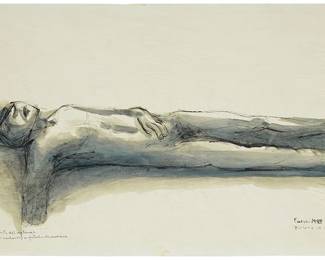 29
José Luis Cuevas
(1934-2017, Mexican)
Figure study, 1953
Watercolor and ink on paper
Signed, dated, inscribed in Spanish "Apunte del natural / de un cadaver, anfiteatro de medicina," and inscribed "Febrero 19 - 1953," all in ink, near the lower corners: Cuevas 1953; inscribed indistinctly in pencil verso
Sheet: 11" H x 17.375" W
Estimate: $400 - $600