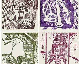 101
Rodolfo Nieto (1936-1985, Mexican)
Four works:

Untitled, circus scene (dark brown)
Woodcut in brown ink on BFK Rives paper
Edition: 70/125
Signed and numbered in pencil in the lower margin: Nieto
Image: 9.375" H x 9.375" W; Sheet: 10" H x 9.75" W

Untitled, circus scene (indigo)
Woodcut in indigo ink on BFK Rives paper
Edition: 27/125
Signed and numbered in pencil in the lower margin: Nieto
Image: 9.5" H x 9.5" W; Sheet: 9.75" H x 10" W

Untitled, circus scene (green)
Woodcut in green ink on BFK Rives paper
Edition: 31/125
Signed and numbered in pencil in the lower margin, at left: Nieto
Image: 9.375" H x 9.375" W; Sheet: 10" H x 9.75" W

Untitled, circus scene (red)
Woodcut in red ink on BFK Rives paper
Edition: 55/125
Signed and numbered in pencil in the lower margin, at left: Nieto
Image: 9.5" H x 9.5" W; Sheet: 10" H x 9.75" W
Estimate: $1,000 - $1,500