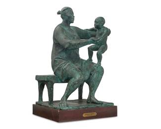 34
Armando Amaya
(b. 1935, Mexican)
"Mother and child," 1985
Verdigris patinated bronze on a wood plinth
Edition: II/VII
Signed, dated, and numbered in the casting: Amaya / 1985; titled by repute
Bronze: 14.25" H x 9.25" W x 8" D; Overall: 15.625" H x 9.375" W x 8.5" D
Estimate: $600 - $800