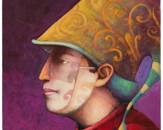 232
D. Hilario
(20th century, Peruvian)
"Personaje"
Oil on canvas
Signed lower left: D. Hilario; titled faintly on an old label taped verso
19.5" H x 19.5" W
Estimate: $200 - $400