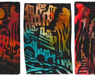 221
Angie K. Culasso
(20th century, American)
Untitled triptych
Each: Mixed media on wove paper
Signed in pencil in the lower center of the second sheet: Angie K. Culasso; signed "Angie" again in pencil in the lower right of the first sheet
3 pieces
Smallest Image/Sheet: 22.25" H x 14.75" W; Largest Image/Sheet: 23" H x 15.25" W
Estimate: $700 - $900