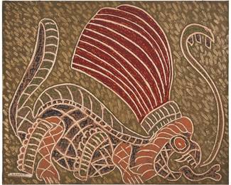 120
Gustavo Olguín
(20th century, Mexican)
"La Reina"
Mixed media on canvas
Signed lower left: G. Olguin; signed again and titled verso
31.5" H x 39.375" W x 0.75" D
Estimate: $600 - $800