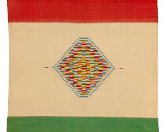 13
A Regional style Mexican Saltillo sarape textile
Early 20th century; possibly San Luis Potosi
Woven with wool weft on cotton warp with woven in a single width in red, green, and white bands and a multicolored central diamond, with fringing to each end, in the so-called Banderatillo Style, modeled after the national flag of Mexico
78" H x 43" W; fringe: 5" H approximately
Estimate: $700 - $900