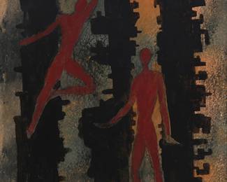 110
Roberto Montenegro
(1885-1968, Mexican)
Abstract figures, 1965
Oil on thick paper laid to Masonite
Signed and dated lower right: Montenegro; signed again lower left
18" H x 13.5" W
Estimate: $4,000 - $6,000