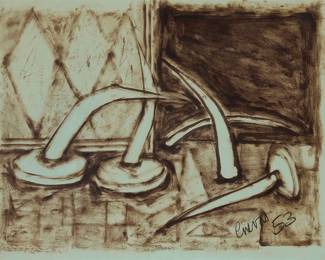 28
José Luis Cuevas
(1934-2017, Mexican)
Still life with nails, 1953
Watercolor on blue paper
Signed and dated in charcoal lower right: Cuevas 53
Sheet: 16.75" H x 22" W
Estimate: $400 - $600