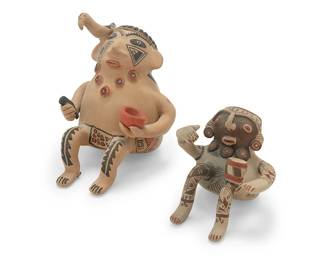 140
Armando & Elena Rodriguez (20th/21st century, Mexican)
Two Mata Ortiz Pre-Columbian style polychrome pottery figural vessels, late 20th/early 21st century
Larger incised: Armando Rodriguez; smaller incised: Elena Rodriguez
2 pieces
Larger: 6.875" H x 5" W x 5.5" D; Smaller: 5" H x 3.75" W x 4.125" D
Estimate: $100 - $200
