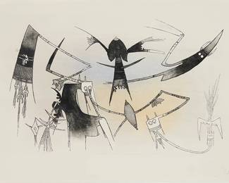 97
Wifredo Lam
(1902-1982, Cuban)
"La Réunion," 1973
Etching and aquatint in colors on Magnani Pescia paper
One of 15 hors commerce impressions aside from the edition of 100
Signed and numbered "4/15 / H.C." in pencil in the lower margin: WiLm; titled and dated on a label affixed to the frame's backing board; Giorgio Upiglio, Graphica Uno, Milan, prntr.; Art et Gravures, Geneva, pub.
Plate: 14.25" H x 25.5" W; Sheet: 21.25" H x 31.25" W
Estimate: $1,500 - $2,500