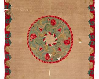 10
A Mexican Saltillo sarape textile
Late 19th century, Maximilian period, 1865-75
Woven with wool weft on cotton warp, in two vertical panels seamed in the middle, with a cream wool field and an elaborate multicolored foliate border, banded ends and central medallion
76" H x 42" W
Estimate: $400 - $600