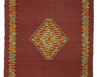 1
A Regional style Mexican Saltillo sarape textile
Late 19th/early 20th century, Transitional period, 1875-1910; San Luis Potosi
Woven with wool weft on cotton warp in a single width with variegated multicolored yarns on a brown field with multicolored border and central diamond
78.5" H x 39" W; fringe: 5" approximately
Estimate: $600 - $800