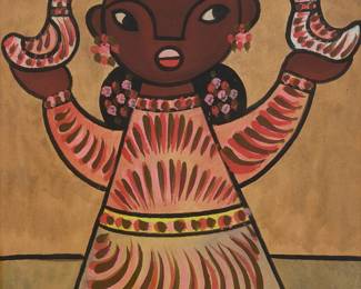 210
Jose Maria de Servin
(1917-1983, Mexican)
Girl with birds
Gouache and watercolor on thin paper laid to board
Signed in the upper right corner: Jose Maria de Servin
Image/Sheet: 19.5" H x 14.75" W
Estimate: $300 - $500