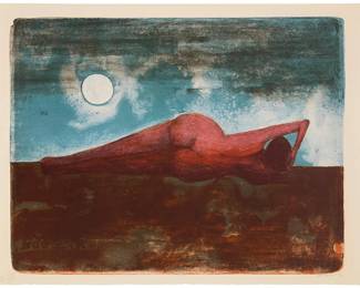 111
Rufino Tamayo
(1899-1991, Mexican)
"Femme Couchee"
Lithograph in colors on wove paper, watermark BFK Rives
Edition: V/VI
Signed and numbered in Roman numerals in pencil in the lower margin: R. Tamayo
Image: 21.25" H x 27.375" W; Sheet: 23.25" H x 29.875" W
Estimate: $2,000 - $3,000