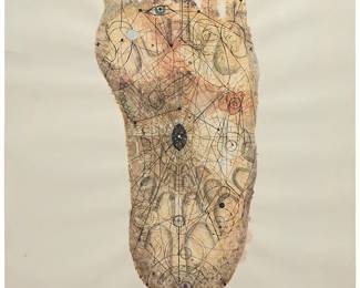 33
Carlos Estevez
(b. 1969, Cuban)
"El Gran Gello," 1995
Mixed media on cream wove paper
Signed, titled, dated, and inscribed "La Habana" [Havana], all in ink in the lower blank portion of the sheet: Carlos Estevez
Image: 29.25" H x 12.5" W; Sheet: 39.5" H x 27.5" W
Estimate: $1,500 - $2,500