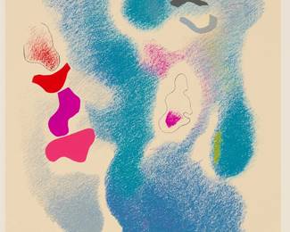 105
Carlos Mérida
(1891-1984, Guatemalan)
Plate 10, from the "Cielos Luminicos" portfolio, 1941
Screenprint in colors on wove paper
An artist's proof aside from the edition of 100
Signed and inscribed "P/A IV" in pencil in the lower margin: Carlos Merida; signed again and dated in the image lower right: 1941; with the printed plate number "10," verso; Taller de Ediciones Multiarte, prntr.; Galería Arvil, Mexico City, pub.; with an unidentified blindstamp in the lower margin, at left
Image: 15" H x 11.75" W; Sheet: 30" H x 22" W
Estimate: $700 - $900