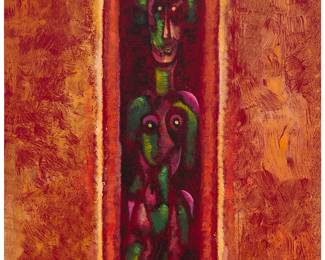 123
Byron Galvez
(1941-2009, Mexican)
Abstract nude figure
Mixed media on red paper
Signed lower right: Byron
Image/Sheet: 23.5" H x 17.5" W
Estimate: $500 - $700