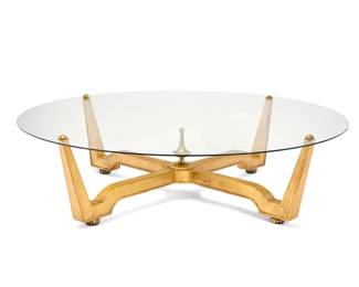 36
Octavio Vidales (20th century, Mexican)
A Modern coffee table, mid-20th century; Mexico
Unmarked
The X-form gilt mahogany base with brass feet, central finial, and glass top connections
Base: 14" H x 51.25" W x 51.25" D; Glass: 54.5" Dia.
Estimate: $1,200 - $1,800