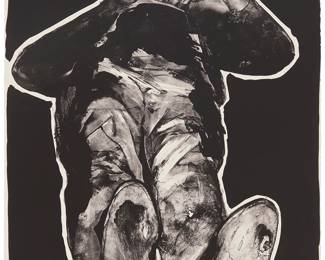 45
Rafael Canogar
(b. 1935, Spanish)
"El Muerto," plate 7 from "La Violencia" portfolio, 1969
Lithograph on Rives paper
An artist's proof, aside from the edition of 20
Signed, titled, dated, and inscribed in white pencil along the lower edge: Canogar 69 / "artist's proof"; John Sommer, prntr.; Tamarind Institute, University of New Mexico, Albuquerque, NM, pub., with their blindstamp lower right; with an unidentified blindstamp lower right
Image/Sheet: 30.125" H x 22.125" W
Estimate: $600 - $800