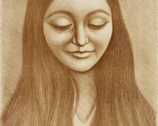 212
Raúl Anguiano
(1915-2006, Mexican)
"Sonrisa Maya," 1967
Lithograph in brown on paper
Edition: 18/60
Signed, dated, and inscribed upper right: R. Anguiano / "Paris 1967"; further initialed and inscribed in pencil: "a la familia Rosenbaum," / R.A. numbered in pencil near the lower edge, at center; titled by repute
Sight: 29.5" H x 21.5" W
Estimate: $200 - $300