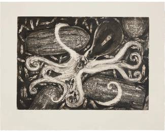 50
Francisco Toledo
(1940-2019, Mexican)
"Octopus with Slave Ship," 2015
Lithograph on wove paper
Edition: 1/25
Signed and numbered in pencil in the lower margin: Toledo; an unidentified blindstamp in the lower right margin corner
Image: 19.375" H x 27.25" W; Sheet: 26.75" H x 33.75" W
Estimate: $3,000 - $4,000