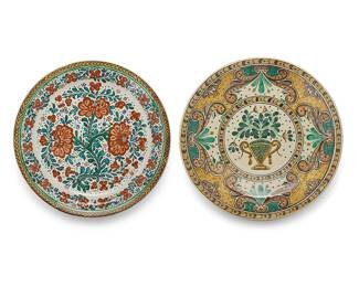 65
Gorky Gonzalez (1939-2017, Mexican)
Two pottery chargers, late 20th/early 21st century; Guanajuato, Mexico
Each marked to underside: AT [Alfarería Tradicional] / GTO / Mexico
One decorated with floral motifs, the other depicting an urn floral vessel
2 pieces
Larger: 17.5" Dia. x 2.75" D; Smaller: 16.375" Dia. x 2.75" D
Estimate: $300 - $500