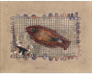 49
Francisco Toledo
(1940-2019, Mexican)
"La Red (cangrejo con pez)," 2012
Oil and gouache on laser-cut vellum affixed paper mounted to board, as issued
Signed in blue ink, verso: Toledo; titled and dated by the artist's estate
Laser-cut vellum: 5.625" H x 8" W; Overall: 8.25" H x 10.5" W
Estimate: $2,500 - $3,500