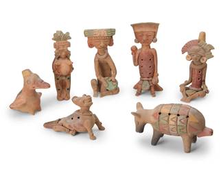 137
A group of Aztec/Mayan-style polychrome pottery whistles
20th century
Comprising four human figures, a bird, a dog, and an armadillo
7 pieces
Tallest: 8.875" H x 3.75" W x 2.75" D; Shortest: 4.125" H x 6.5" W x 3.125" D
Estimate: $100 - $200