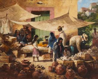 178
Richmond Irwin Kelsey
(1905-1987, American)
"The Market Place"
Oil on canvas
Indistinctly signed lower left; titled and with artist's name, likely in another hand, on the stretcher
16" H x 24" W
Estimate: $500 - $700