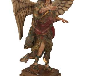 74
A Continental polychrome carved wood figure of an archangel
19th century
Plinth with applied indecipherable tag verso
Painted and gilt, mounted with wings and raised on a tiered plinth
Figure without wings: 31.5" H x 16.75" W x 15" D; With wings: 28.5" W; Overall: 41.25" H
Estimate: $2,000 - $3,000