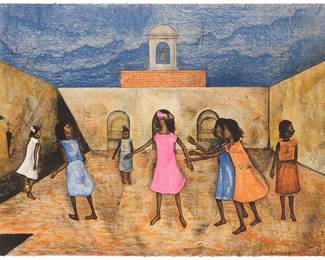 163
Gustavo Montoya
(1905-2003, Mexican)
"La Gallinita Ciega," 1985
Lithograph in colors on wove paper, watermark Creysse France
Edition: 43/100
Signed, dated, and numbered in pencil, lower right: Gustavo Montoya 85; Kyron SA, Mexico, prntr. and pub., with their blindstamp lower right and inscribed with their work number, GM256-100, in pencil on the verso of the lower left corner
Image/Sheet: 22.375" H x 29.75" W
Estimate: $500 - $700