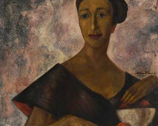 109
Roberto Montenegro
(1885-1968, Mexican)
"Portrait of Olga Tamayo," 1961
Oil on canvas
Signed right of center: Montenegro; signed again on the verso; titled and dated on an exhibition label affixed to the stretcher
35" H x 31" W
Estimate: $15,000 - $25,000