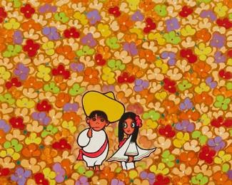 130
Xavier Cugat
(1900-1990, Spanish-American)
A man and woman in a field of flowers, 1970
Oil on canvas
Signed lower right: X. Cugat; signed again (twice), dated 1970, and with personal inscriptions in pencil and ink, all verso
30" H x 24" W
Estimate: $800 - $1,200