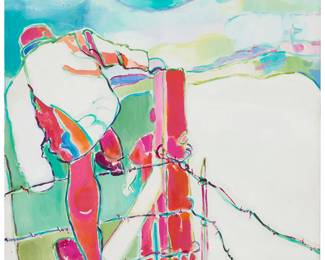 238
Guadalupe Victorica
(20th century, Mexican)
"La Frontera," 2007
Mixed media on vinyl
Signed, dated, and inscribed lower right: Victorica / "Lamadrid" / 07; titled on a label affixed to the stretcher
35.25" H x 25" W
Estimate: $200 - $400