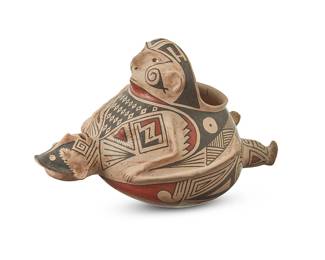 172
Juan Quezada (1940-2022, Mexican)
A Mata Ortiz polychrome pottery effigy jar, late 20th/early 21st century
Incised to underside: Juan Quezada
With red and black geometric motifs on a cream slip ground
7.5" H x 11.5" W x 7.625" D
Estimate: $600 - $900