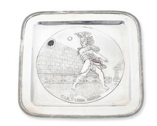 192
A Juventino Lopez Reyes sterling silver pictorial tray
Mid-20th century; Mexico
Marked to underside for Juventino Lopez Reyes and: Hecho en Mexico / Sterling / 925 / [Eagle 9]; inscribed in the mold: Cultura Maya
The molded image depicting a Mayan pok-ta-pok player on a stone court
11.375" W x 11.375" D
27.5 oz. troy approximately
Estimate: $300 - $500