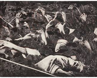 44
Rafael Canogar
(b. 1935, Spanish)
"The Prisoners," plate 5 from "La Violencia" portfolio, 1969
Lithograph on Rives paper
A bon à tirer impression, aside from the edition of 20
Signed, titled, dated, and inscribed in white pencil along the lower edge: Canogar 69 / "Bon a Tirer"; Jean Milant, prntr.; Tamarind Institute, University of New Mexico, Albuquerque, NM, pub.; with the blindstamp of the printer and publisher near the center of the lower edge
Image/Sheet: 22" H x 30" W
Estimate: $600 - $800