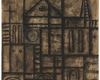143
Manuel Pailós
(1918-2005, Uruguayan)
Cathedral, 1962
Oil and mixed media on paper laid to artist's board laid to board
Signed upper left: Pailós; dated lower right: 62
21" H x 17" W
Estimate: $1,000 - $1,500
