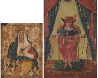 

Back to catalog
73
Two late 19th/early 20th century Mexican retablos
Two works:

"Maria Dolorosa del Monte Calvario Israel"
Unsigned; titled to front edge
Painted in polychrome to tin frame base, with integral hinged ornate tin frame surround designed with repoussé scrollwork motifs including the sun and two quarter moon faces, the image with hinged glass cover
Image sight: 9.25" H x 7.125" W; Frame: 19" H x 13.625" W x 1" D

Santo Niño de Atocha
Unsigned
Painted in polychrome oil on tin, within an elaborate repoussé painted tin frame with scrollwork and sunburst top
Image sight: 13" H x 9" W; Frame: 23.625" H x 15.75" W x 0.375" D

2 pieces
Estimate: $500 - $700