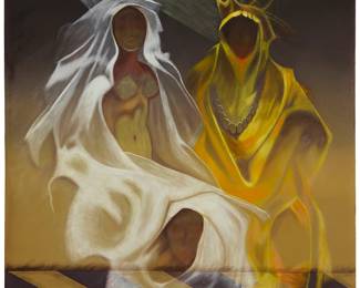 165
Guillermo Meza
(1917-1997, Mexican)
Two figures, 1994
Oil on canvas
Signed, dated, and with the artist's device lower left: Guillermo Meza a. / 1994
31.75" H x 23.75" W
Estimate: $3,000 - $5,000