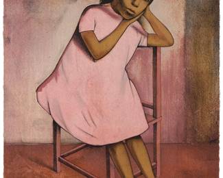 161
Gustavo Montoya
(1905-2003, Mexican)
"Niña en Rosa," circa 1985
Lithograph in colors on wove paper, watermark Creysee France
Edition: 87/100
Signed, dated '85,' and numbered in pencil in the lower right corner: Gustavo Montoya; titled by repute; with a black ink stamp reading "GM265-100" on the lower right sheet corner, verso; Kyron, Mexico City, Mexico, prntr., with their blindstamp in the lower right corner; B. Lewin Galleries, Palm Springs, CA, pub.
Image/Sheet: 30.25" H x 22.5" W
Estimate: $400 - $600
