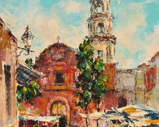 179
Hajime Okuda
(1906-1992, American)
"At San Miguel De Alente, Mexico" 1974
Oil on canvas
Signed and dated lower left: H. Okuda '74; signed again, titled, and dated "May 1974," all verso
20" H x 16" W
Estimate: $1,000 - $1,500