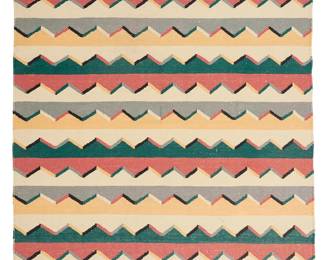 244
A Mexican textile
Late 20th century
Woven in cream, pink, black, and yellow with multiple zigzag bands
69" H x 50" W
Estimate: $300 - $500