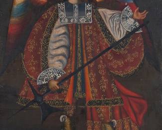 70
Early 20th Century Cuzco School
Archangel Michael
Oil on canvas laid to board
Appears unsigned
27" H x 19.25" W
Estimate: $500 - $700