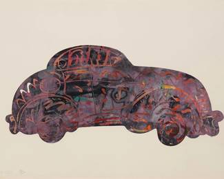228
Frank Romero
(b. 1941, Mexican-American)
Untitled (Car)
Monoprint in colors on paper
Signed and with the artist's device in pencil, lower left: FE Romero
Image: 23" H x 47" W; Sight: 38.75" H x 59" W
Estimate: $700 - $900