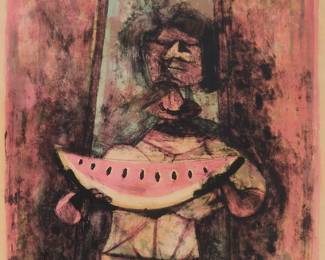 113
Rufino Tamayo
(1899-1991, Mexican)
"Mujer con Sandía," 1950
Lithograph in four colors on Arches paper mounted to board
Edition: 118/ 200 (there were also 60 in Roman numerals and 17 artist's proofs)
Signed and numbered in pencil in the lower margin: R. Tamayo; Guilde Internationale de l'Amateur de Gravures, Paris, prntr., with their blindstamp in the lower left margin corner
Image: 21.5" H x 16.75" W; Sheet: 25.75" H x 19.75" W
Estimate: $700 - $900